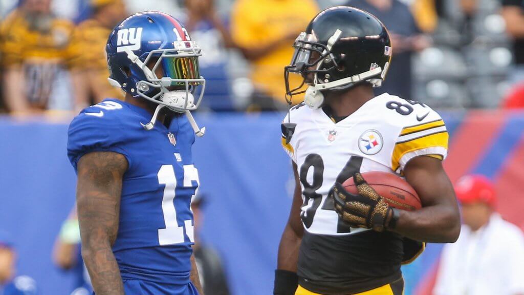 Odell Beckham and Antonio Brown talk during pregame warmups back in 2017.