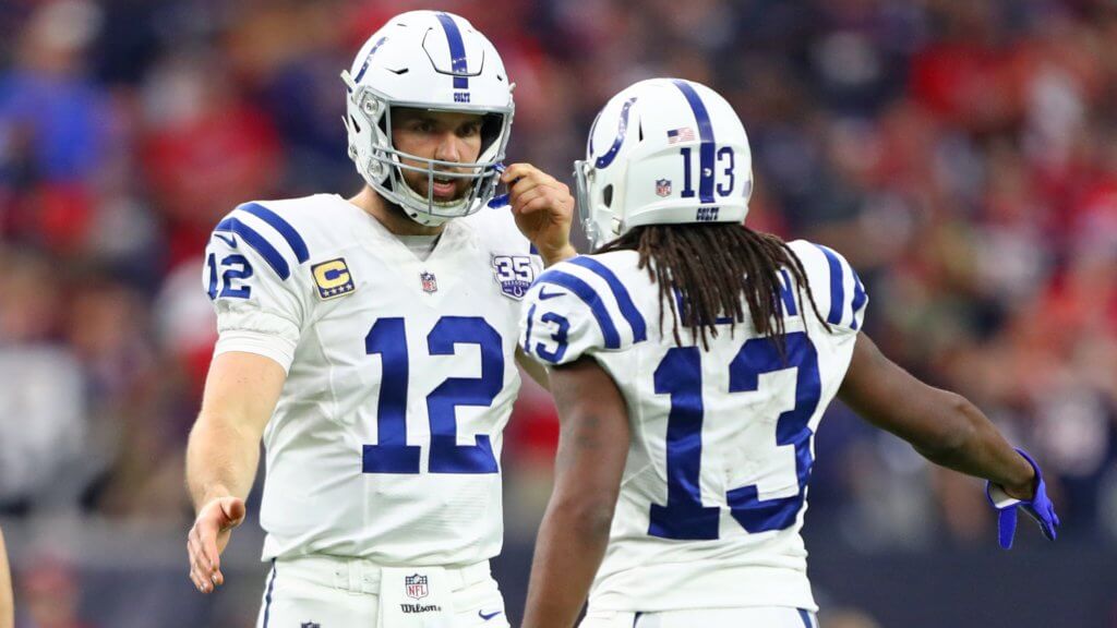 TY Hilton and Andrew Luck celebrate during the AFC Wild Card at NRG Stadium.