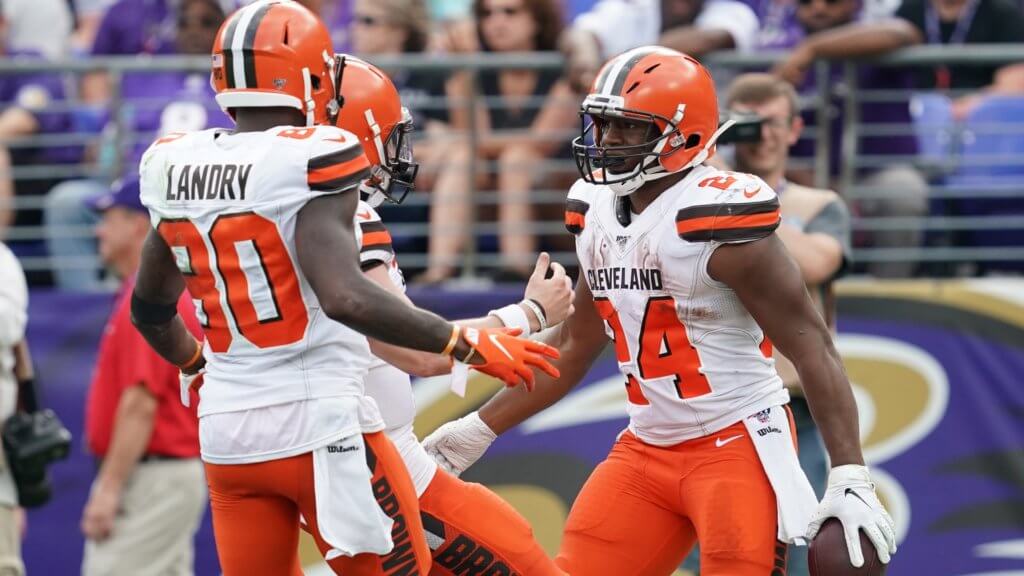 Cleveland Browns running back Nick Chubb (24) celebrates after a touchdown against the Baltimore Ravens