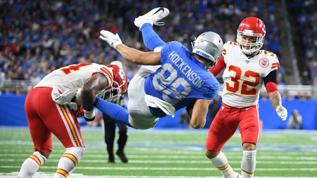 Detroit Lions tight end T.J. Hockenson is tackled by Kansas City Chiefs outside linebacker Damien Wilson and is injured during the play during the third quarter at Ford Field | Fantasy Football Dynasty Watch
