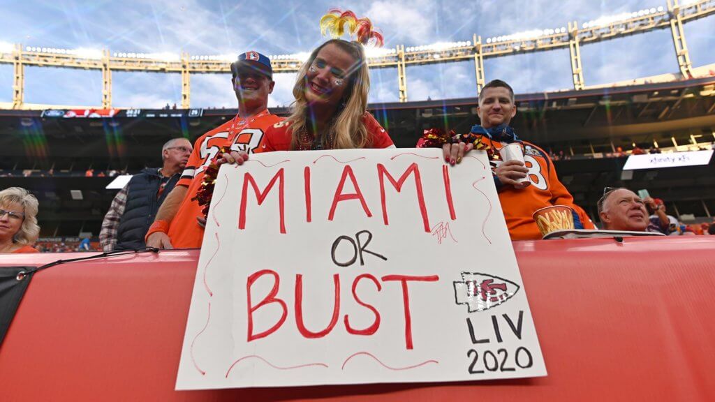 Kansas City Chiefs fan holds a sign in reference to Super Bowl LIV before the game against the Denver Broncos