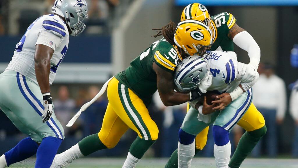 Week 14 IDP Report: Green Bay Packers LBs Za'Darius Smith (55) and Preston Smith (91) sack Dallas Cowboys quarterback Dak Prescott (4)