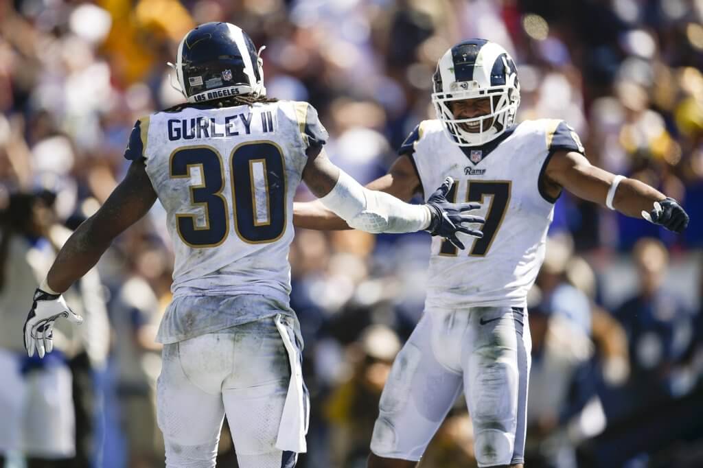 Todd Gurley and Robert Woods celebrate after a two-point conversion.