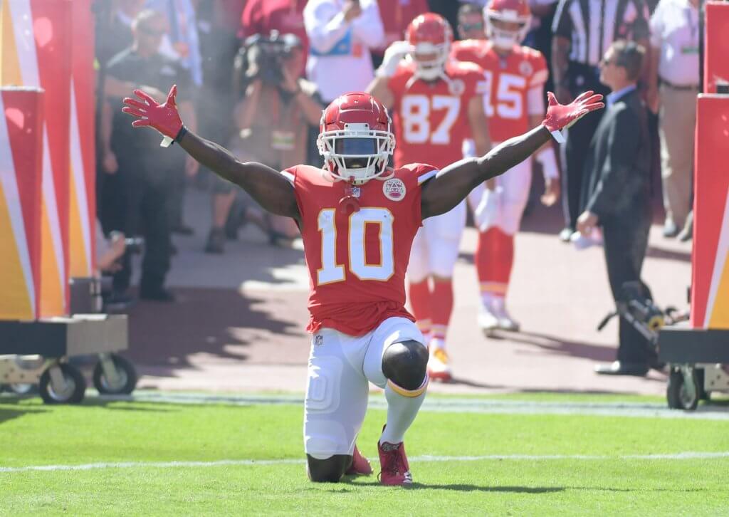 Tyreek Hill in pregame introductions before a game with the 49ers.