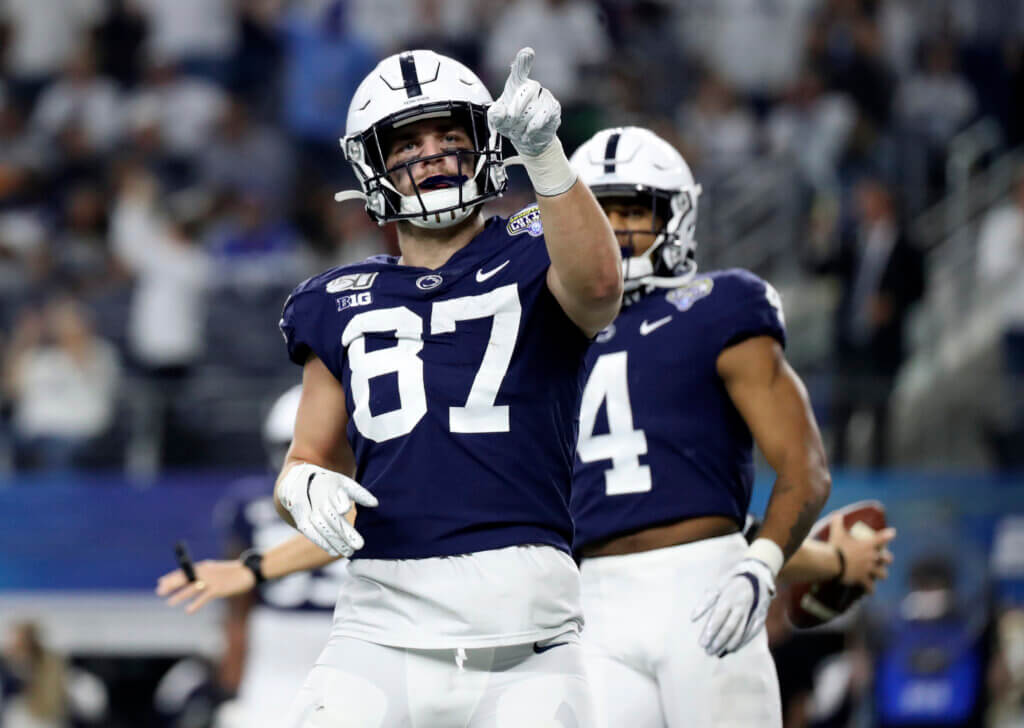 Dec 28, 2019; Arlington, Texas, USA; Penn State Nittany Lions tight end Pat Freiermuth (87) reacts after scoring a two point conversion during the second half against the Memphis Tigers at AT&T Stadium. Mandatory Credit: Kevin Jairaj-USA TODAY Sports