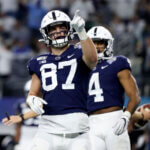 Dec 28, 2019; Arlington, Texas, USA; Penn State Nittany Lions tight end Pat Freiermuth (87) reacts after scoring a two point conversion during the second half against the Memphis Tigers at AT&T Stadium. Mandatory Credit: Kevin Jairaj-USA TODAY Sports