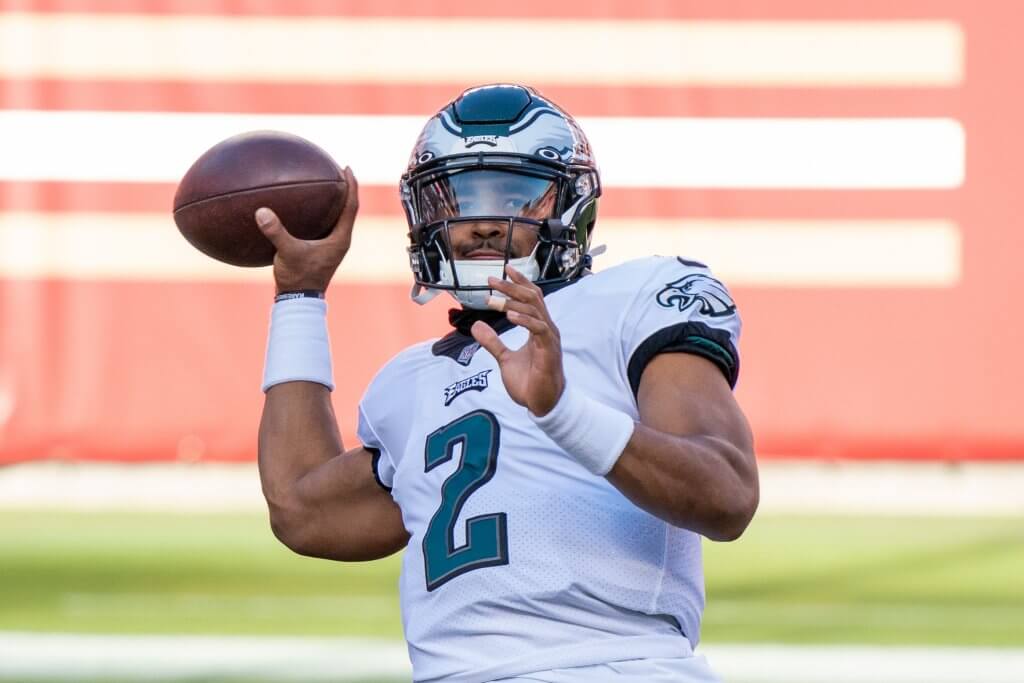 NFL DFS - Jalen Hurts warms up before a game.