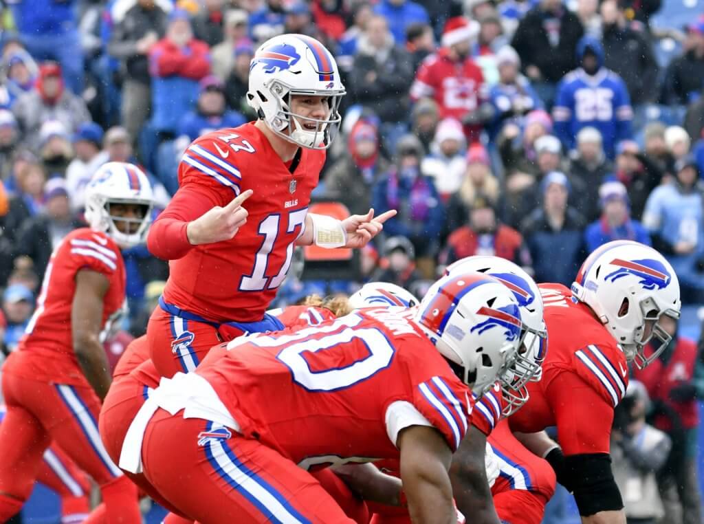 Josh Allen calls a play at the line of scrimmage.