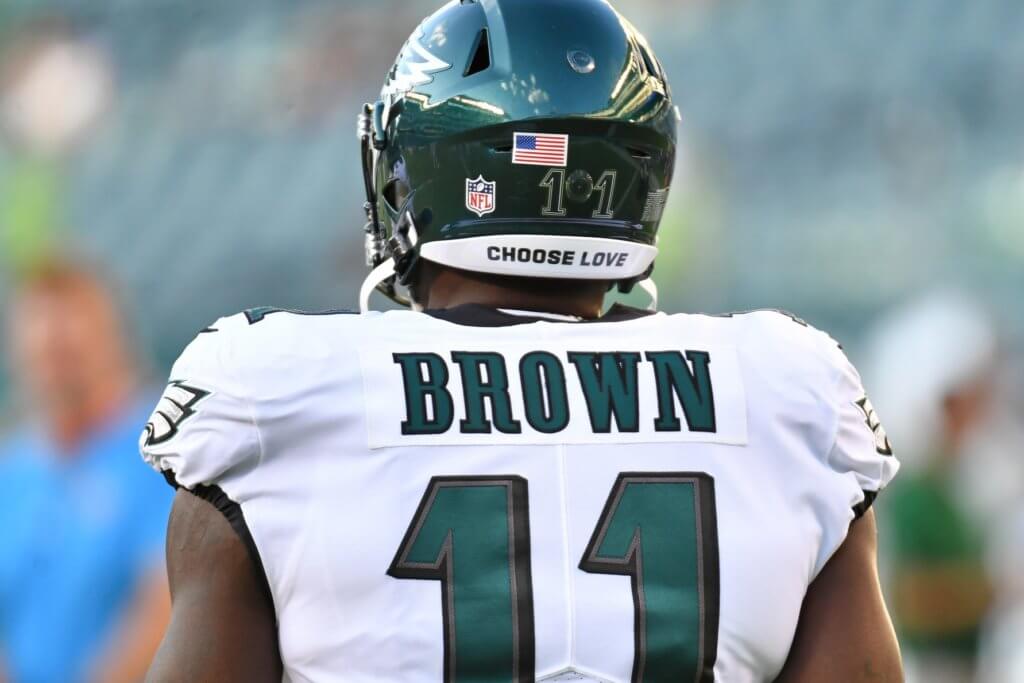 A.J. Brown warms up for the Eagles before a preseason game.