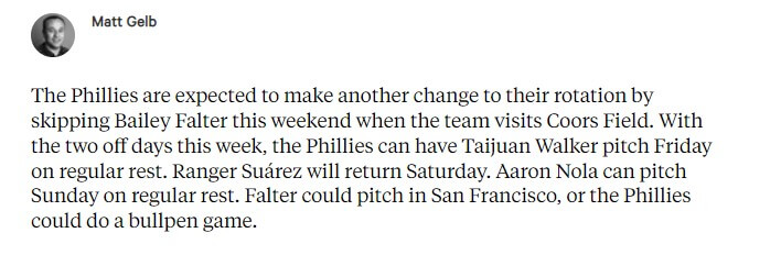 Ranger Suarez Update from Matt Gelb (Suarez confirmed for Saturday)